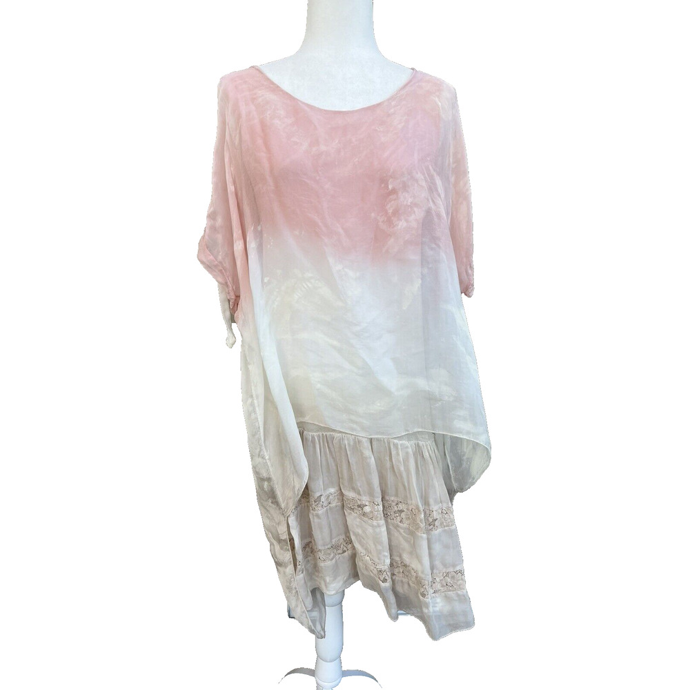Lola Pink Lace Trim Ombra midi Cocktail Dress Silk Italy Size S/M A000260